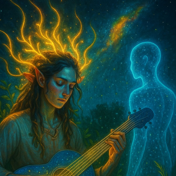 The Partnership - David with guitar, Andrew watching as stellar consciousness